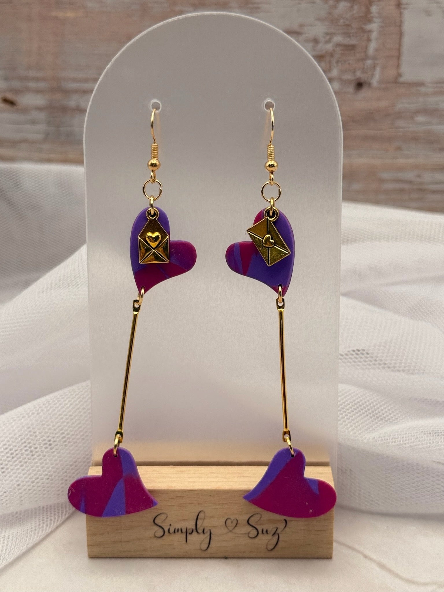 Purple Heart Love Letter Gold Bar Dangle Earrings