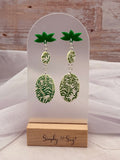 Green Botanical Leaf Tiered Oval Dangle Earrings