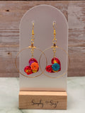 Red Heart Floral Bouquet Gold Hoop Dangle Earrings