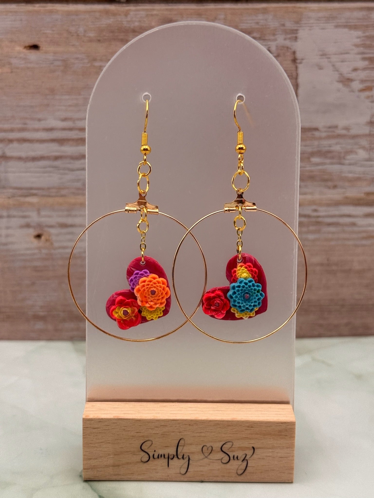 Red Heart Floral Bouquet Gold Hoop Dangle Earrings