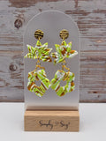 Green Marble Origami Star and Flower Tiered Dangle Earrings