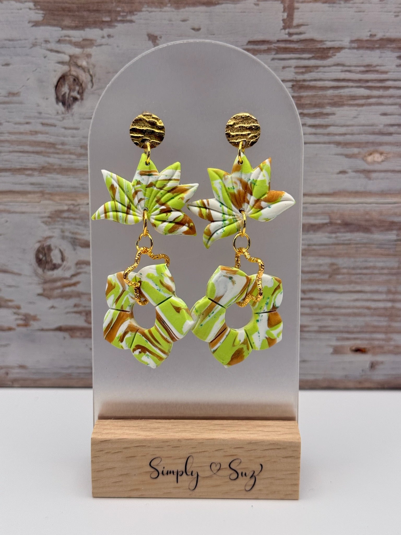 Green Marble Origami Star and Flower Tiered Dangle Earrings
