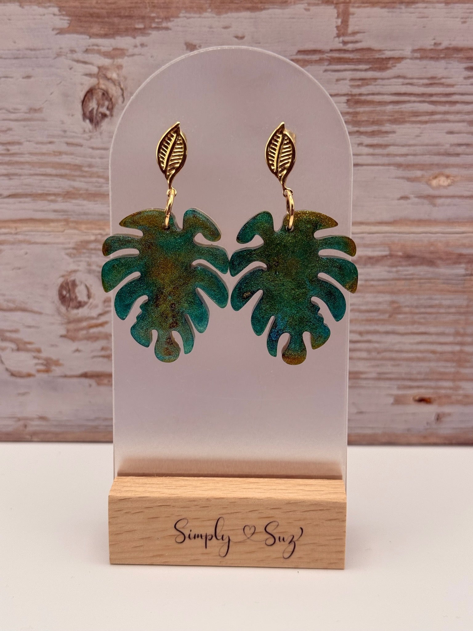 Monstera Leaf Shimmer Gold Leaf Stud Dangle Earrings