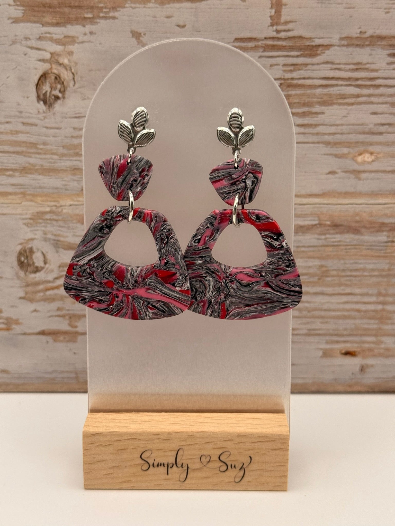 Red and Black Marble Triangle Cutout Leaf Stud Dangle Earrings