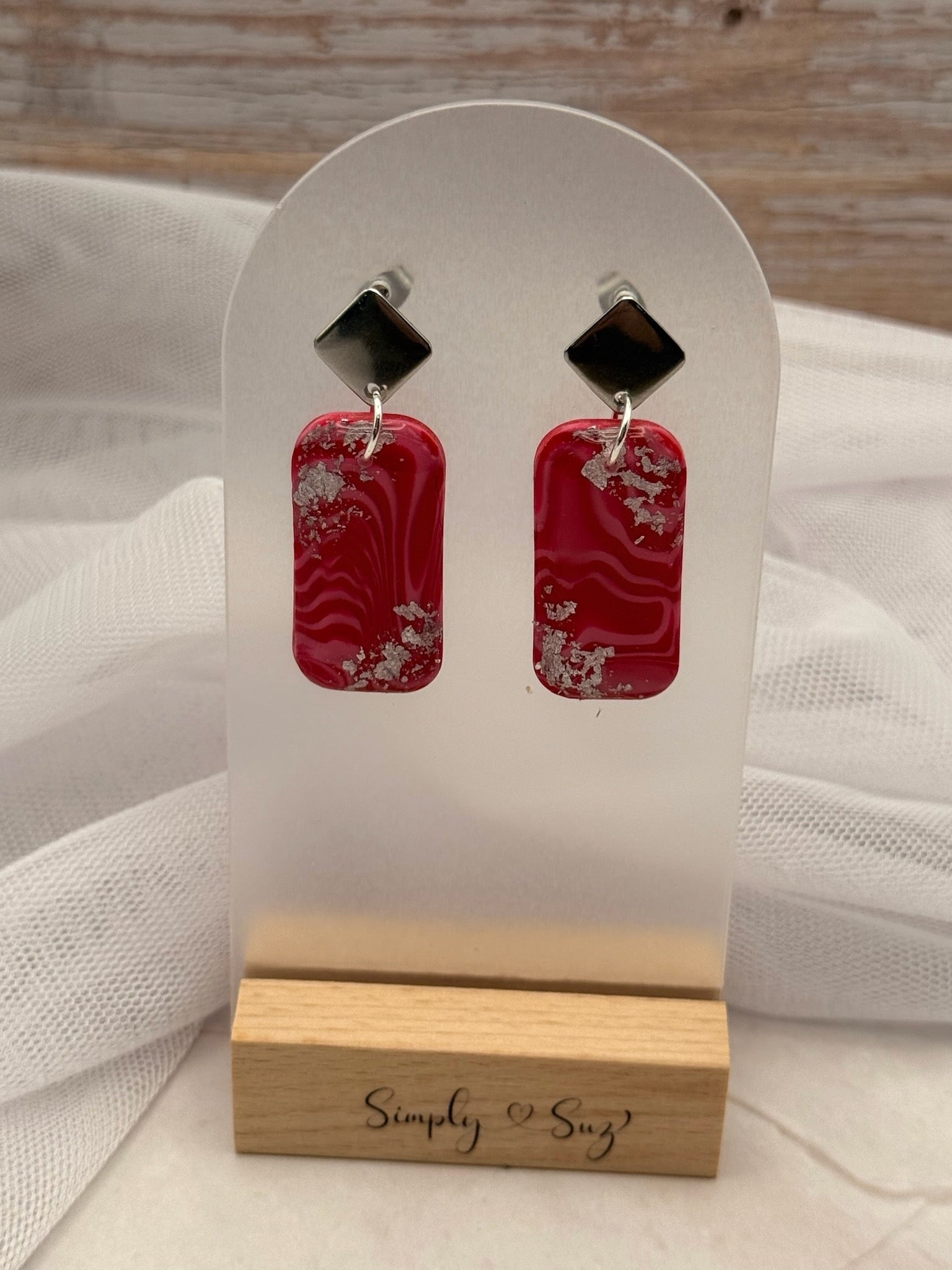 Red Marble Silver Foil Diamond Stud Dangle Earrings
