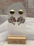 White Floral Watering Can Gold Stud Dangle Earrings