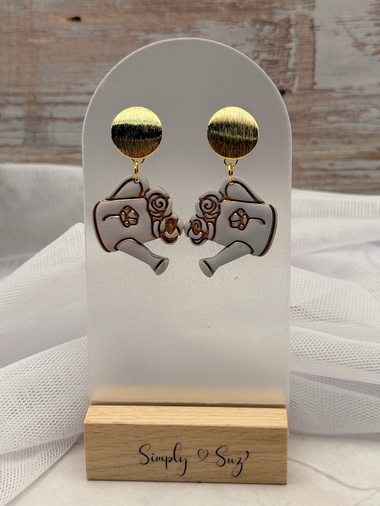 White Floral Watering Can Gold Stud Dangle Earrings