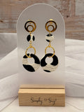 Black and White Cow Print Gold Ring Dangle Earrings