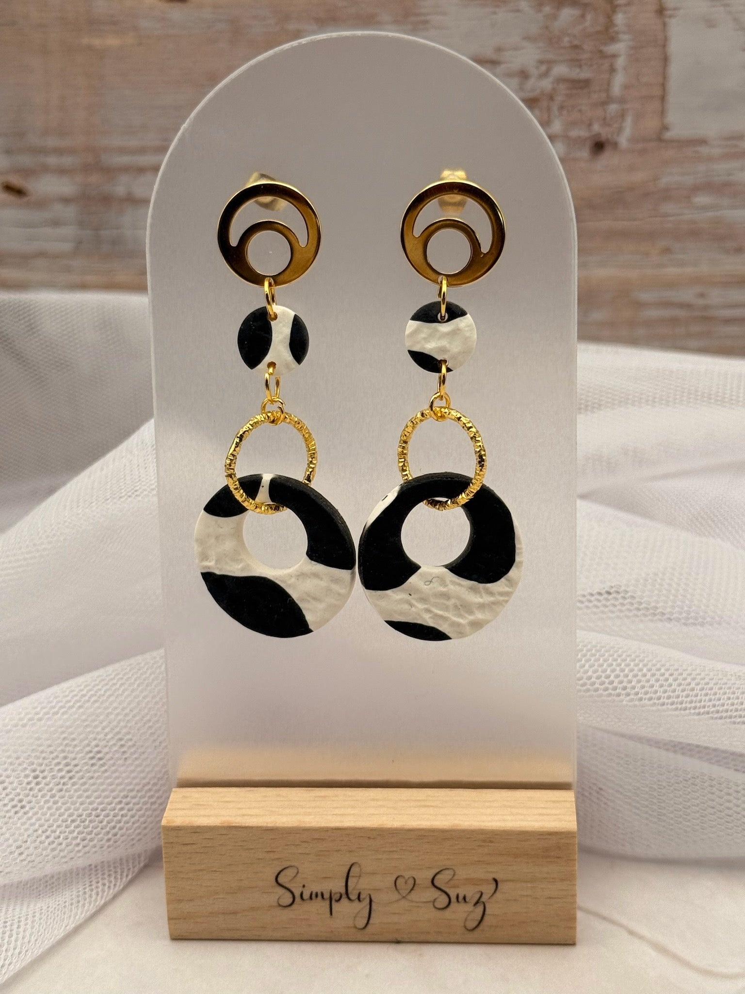 Black and White Cow Print Gold Ring Dangle Earrings
