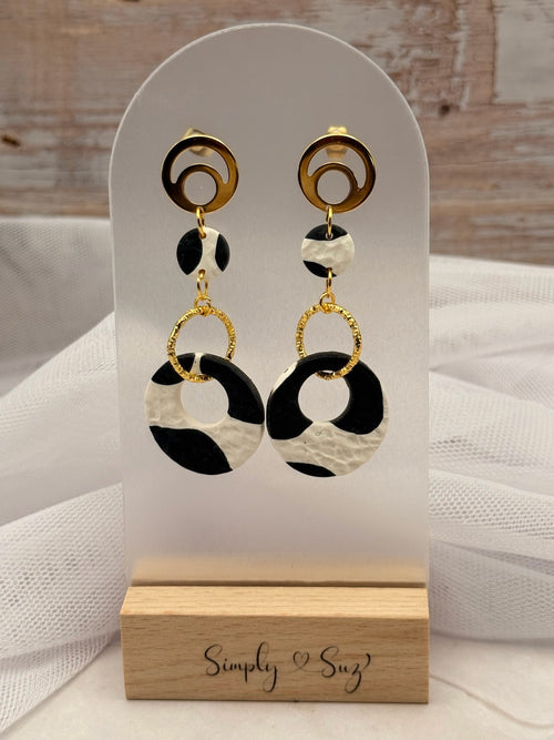 Black and White Cow Print Gold Ring Dangle Earrings