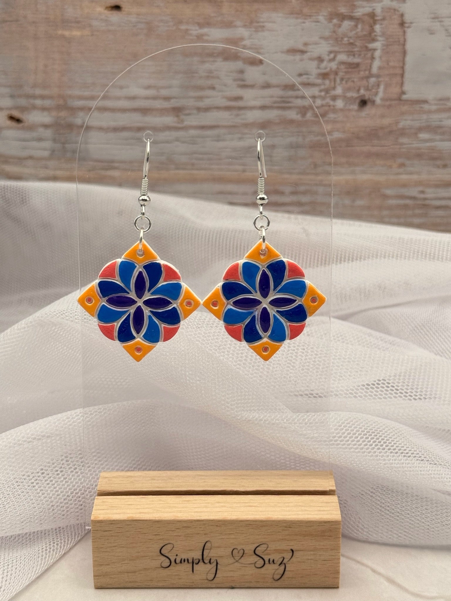 Colorful Stained Glass Flower Diamond Dangle Earrings