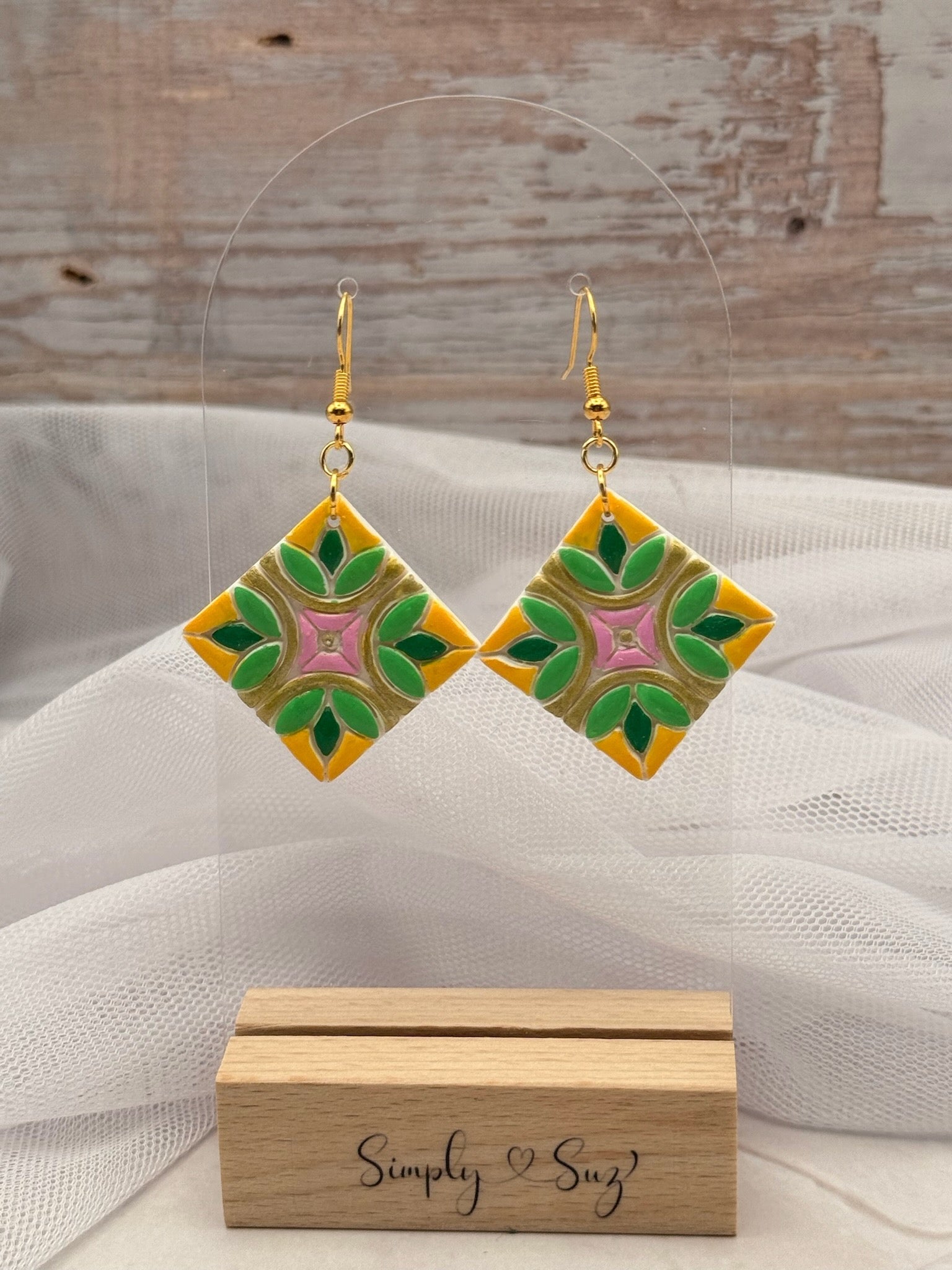 Green and Pink Stained Glass Leaf Diamond Dangle Earrings