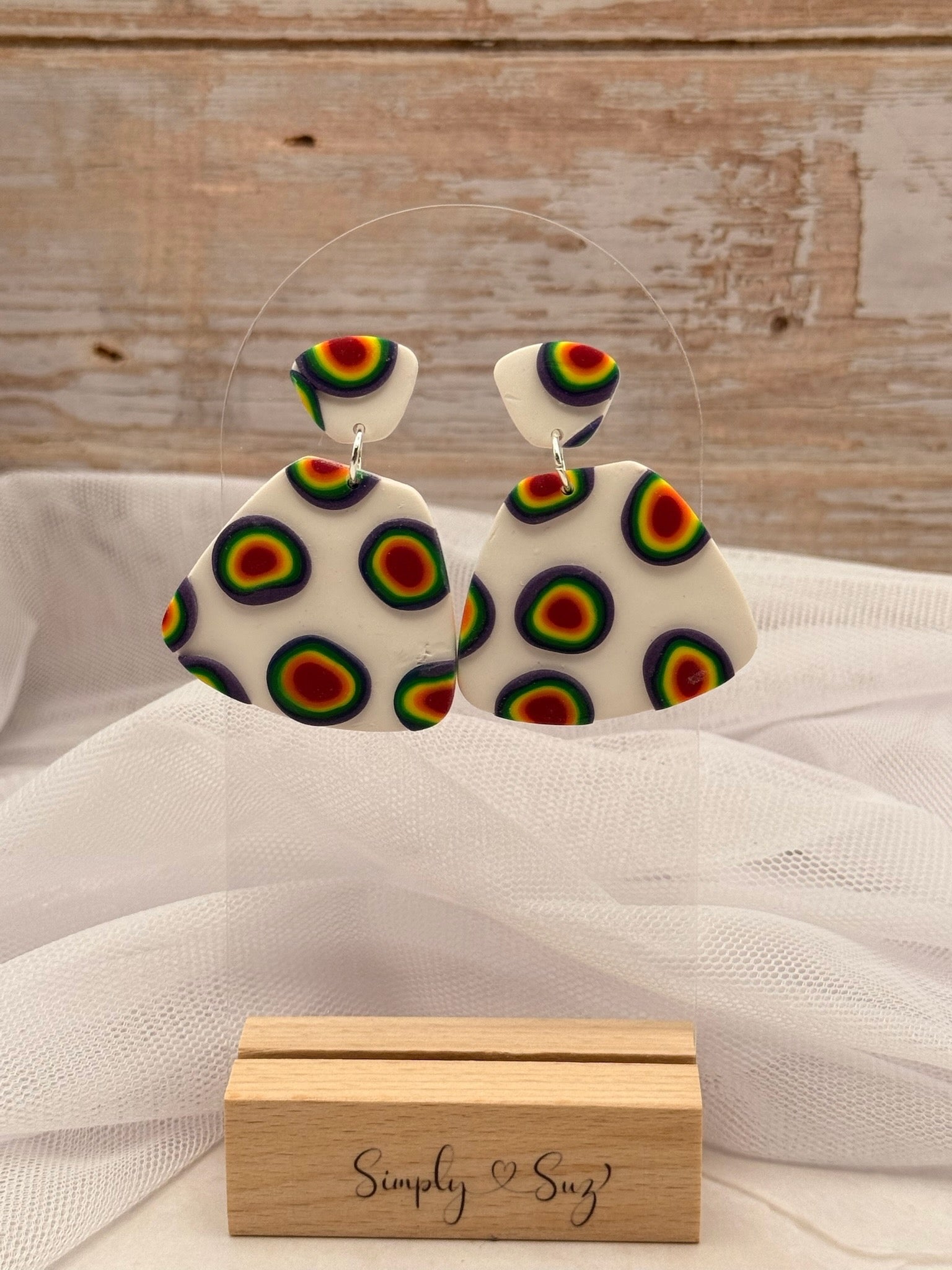 Rainbow Bullseye Dot White Triangle Dangle Earrings
