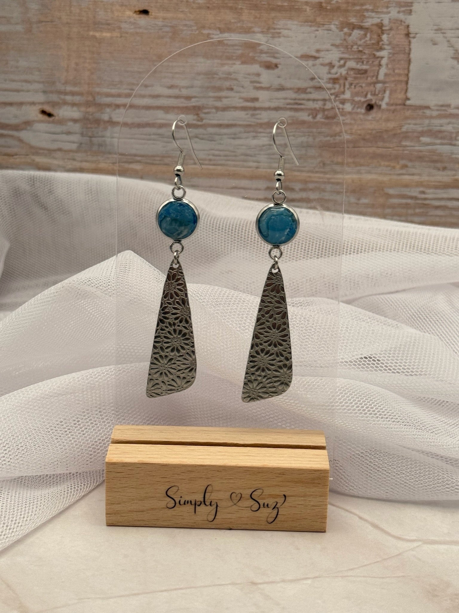 Teal Marble and Silver Floral Triangle Dangle Earrings