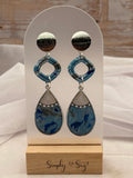 Blue Marble Tiered Teardrop Silver Stud Dangle Earrings