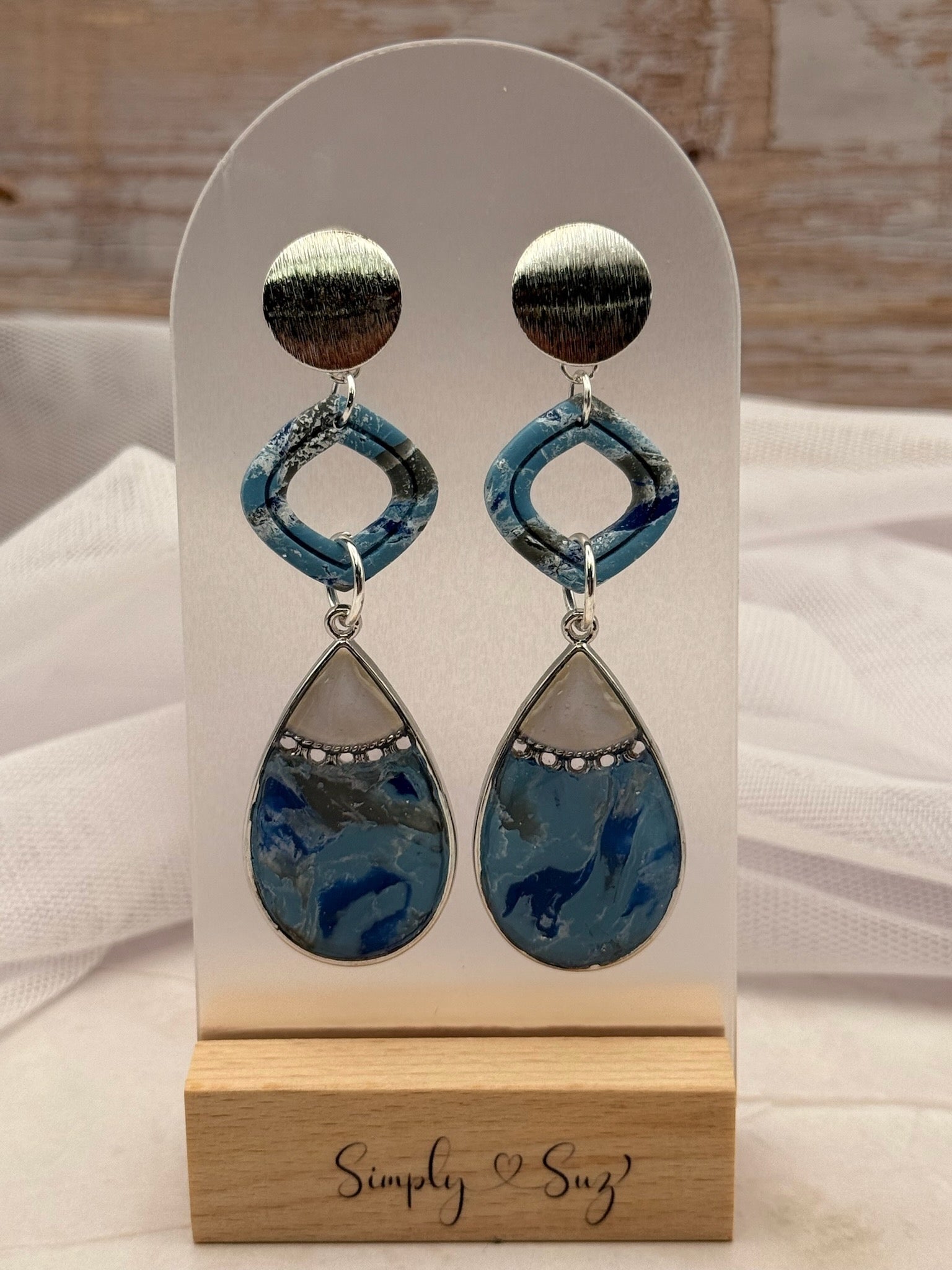 Blue Marble Tiered Teardrop Silver Stud Dangle Earrings