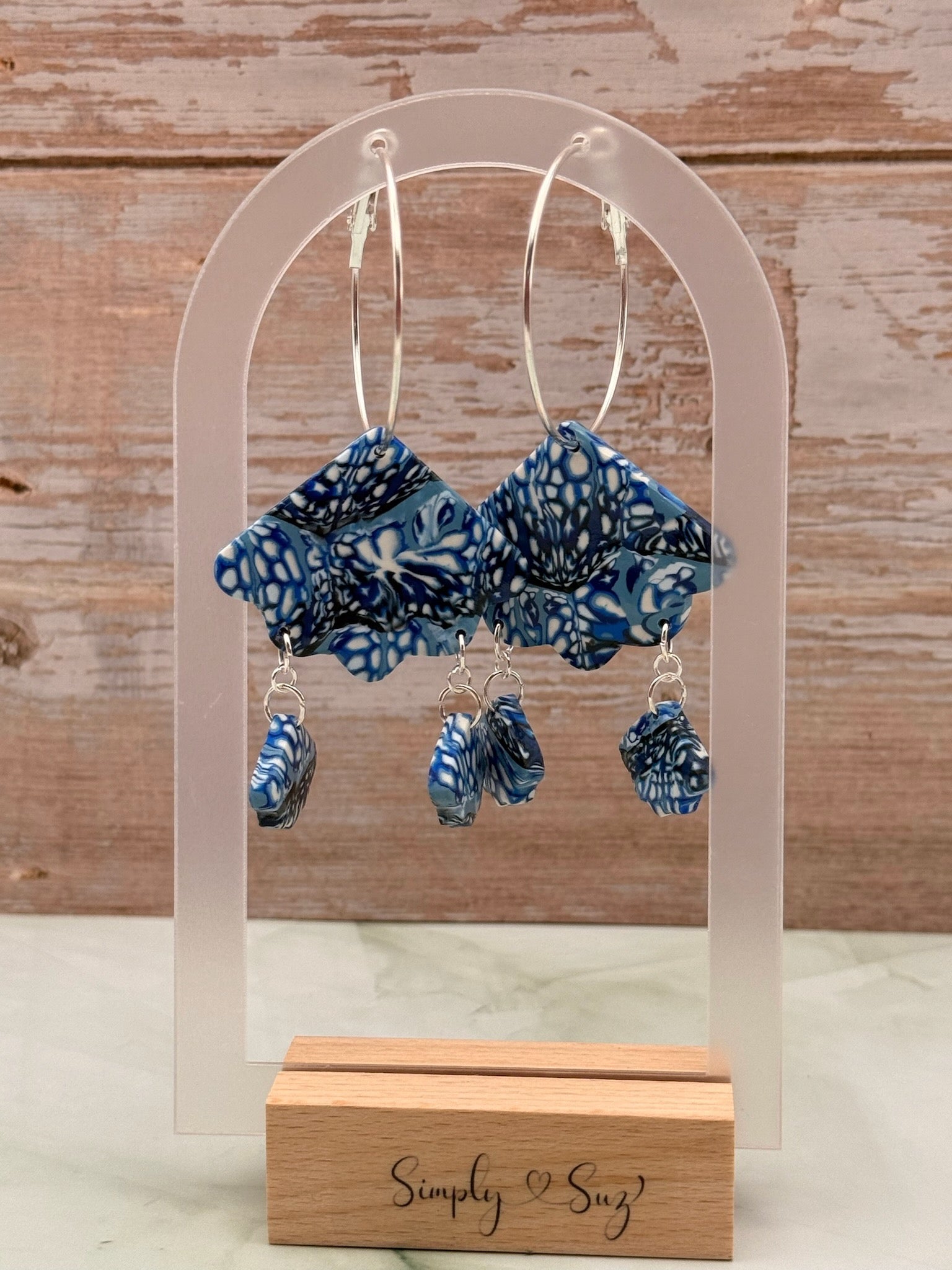 Blue Abstract Pattern Hoop Chandelier Dangle Earrings