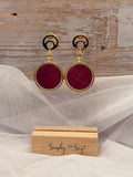 Burgundy Round Gold Frame Dangle Earrings