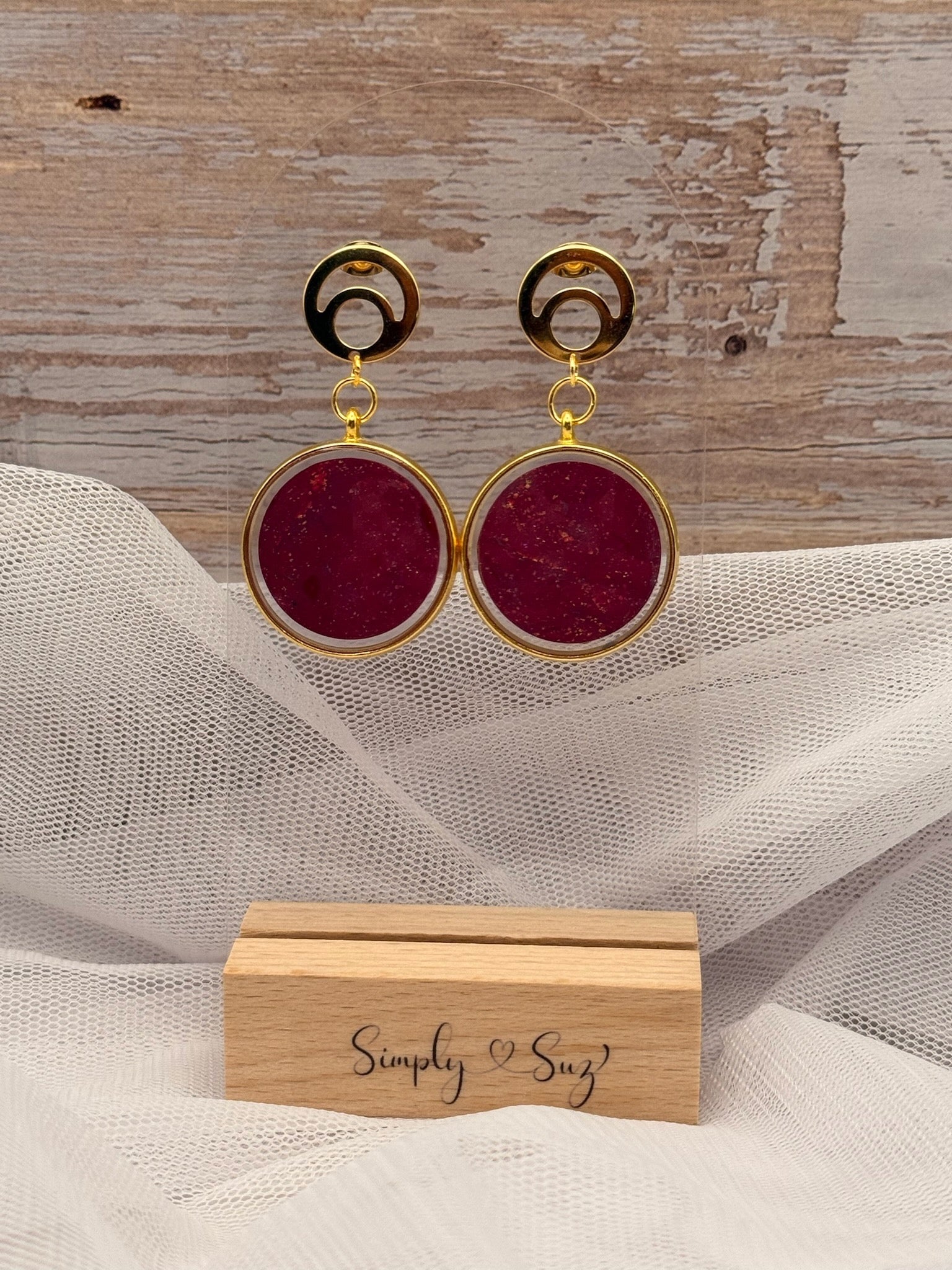 Burgundy Round Gold Frame Dangle Earrings