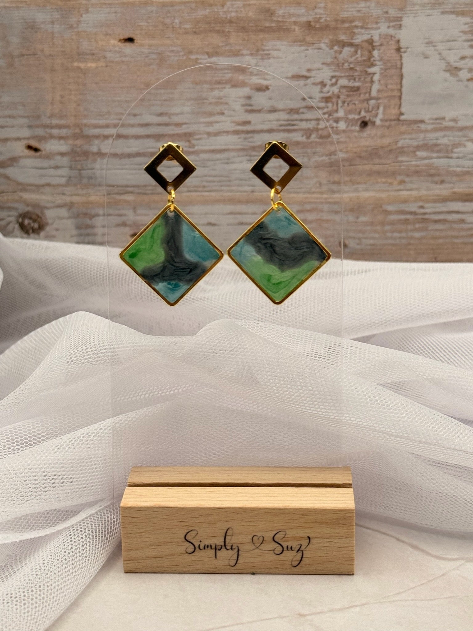 Green Marble Diamond Gold Frame Dangle Earrings