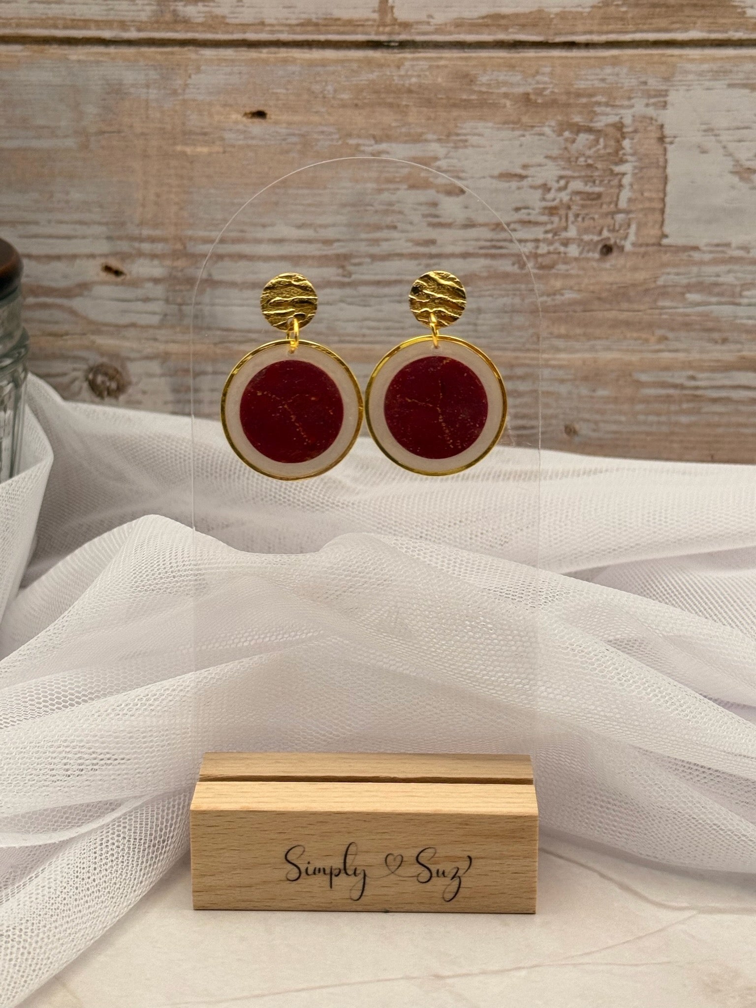 Burgundy Round Gold Hoop Dangle Earrings