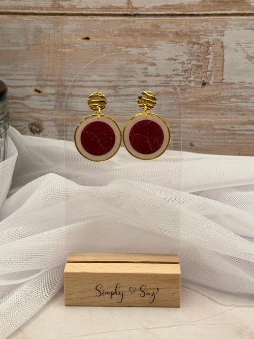 Burgundy Round Gold Hoop Dangle Earrings