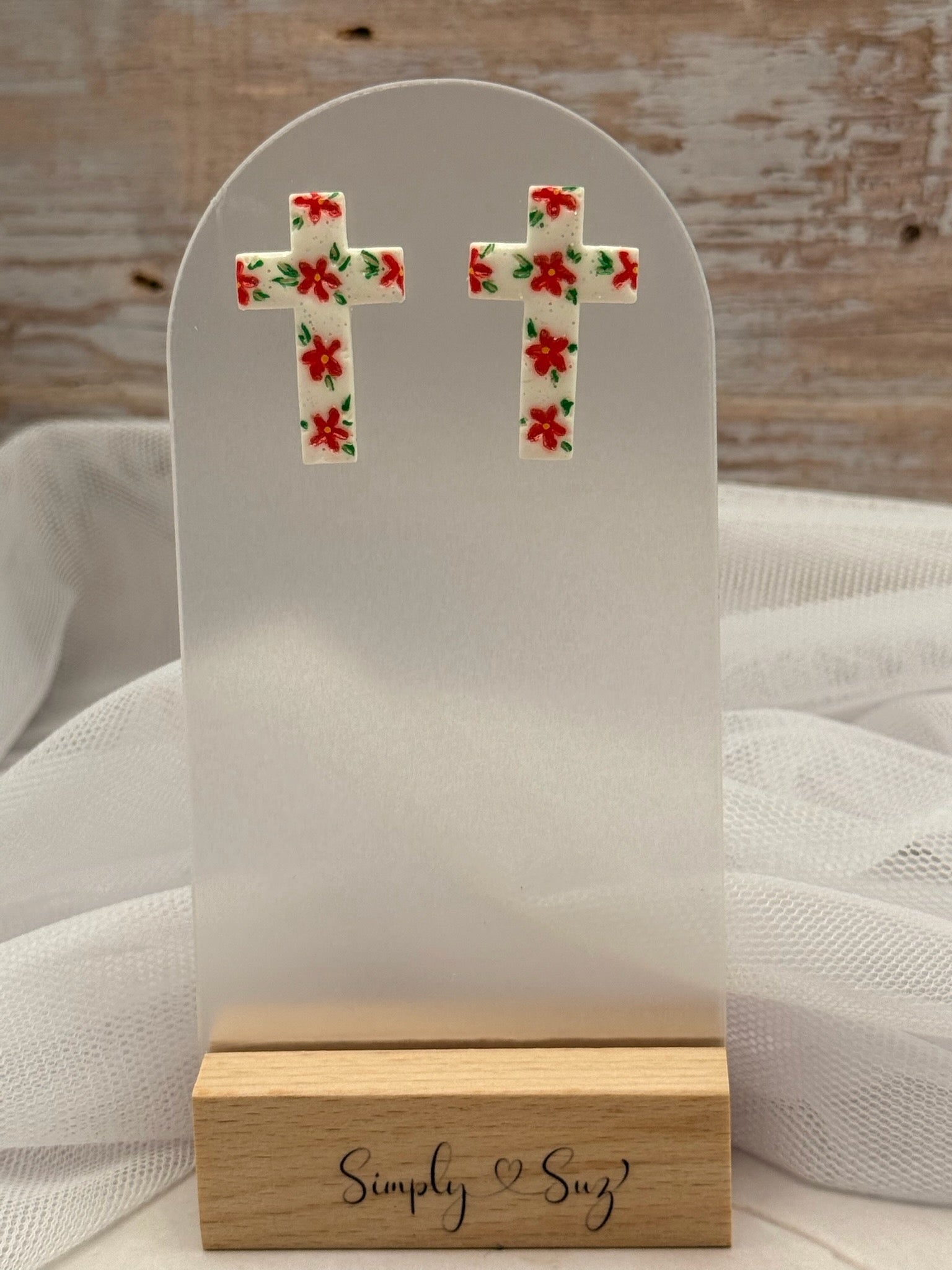 Red Floral Cross Stud Earrings