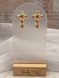 Pink Floral Cross Stud Earrings