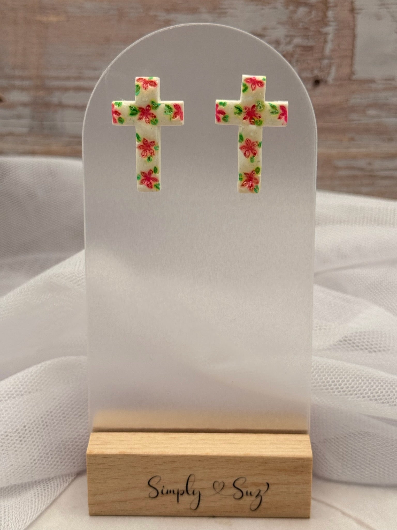 Pink Floral Cross Stud Earrings
