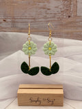 Green Flower and Leaf Stem Dangle Earrings