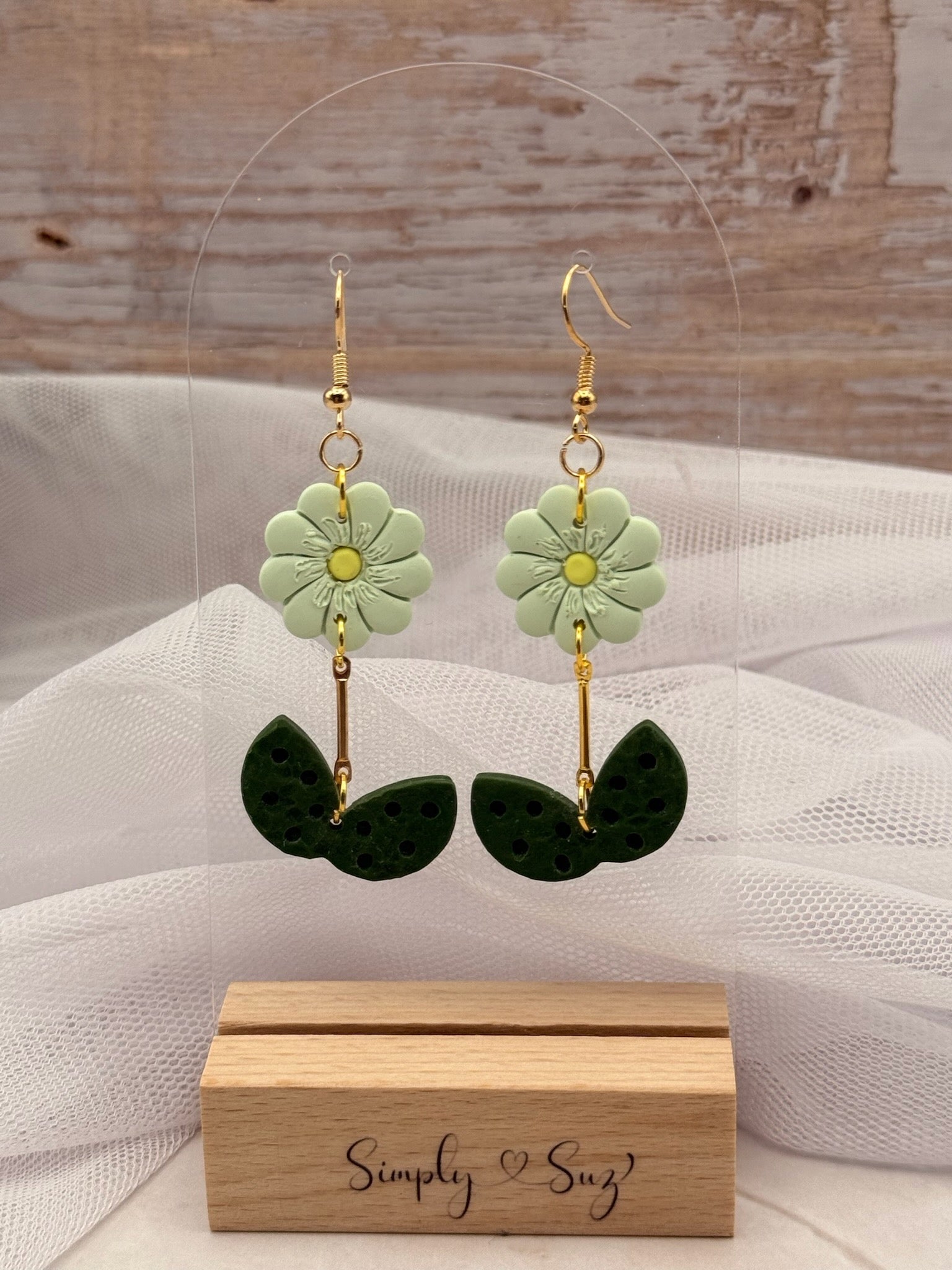 Green Flower and Leaf Stem Dangle Earrings