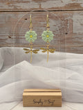Green Flower Gold Dragonfly Dangle Earrings