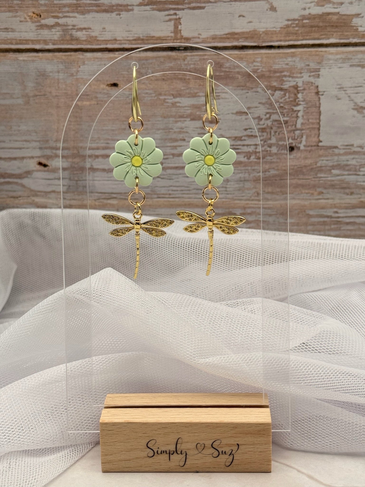 Green Flower Gold Dragonfly Dangle Earrings