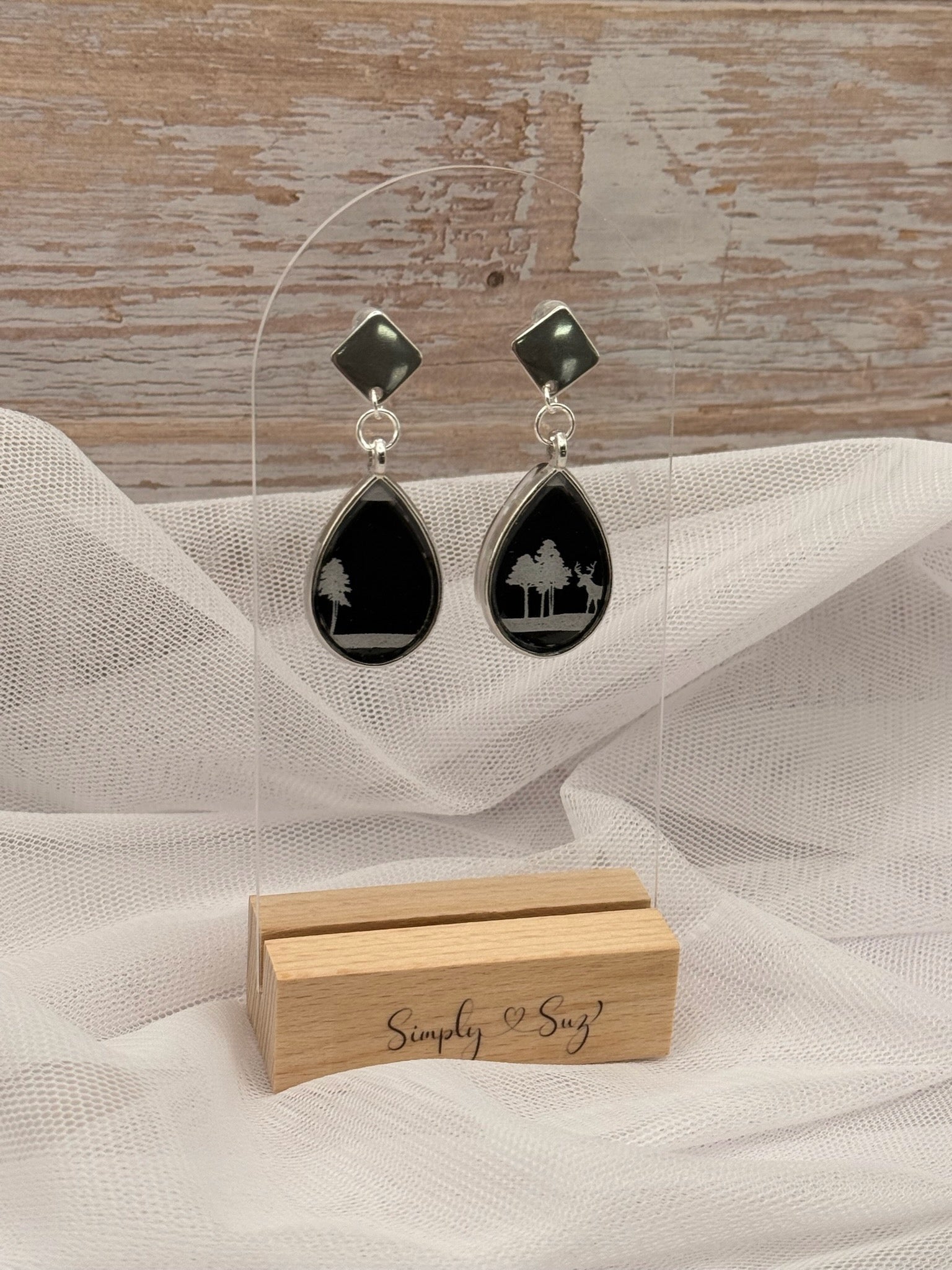 Black Palm Tree Silhouette Silver Teardrop Dangle Earrings