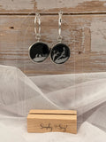 Black Nature Silhouette Round Silver Hoop Dangle Earrings