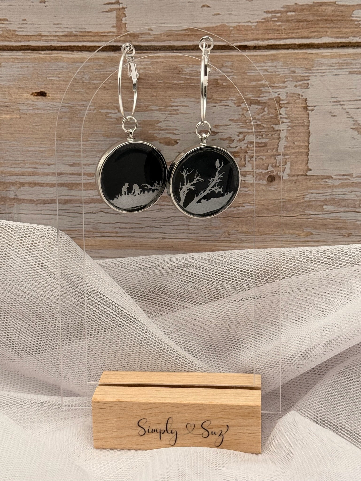 Black Nature Silhouette Round Silver Hoop Dangle Earrings