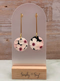 Cherry Blossom 3D Round Long Gold Bar Dangle Earrings