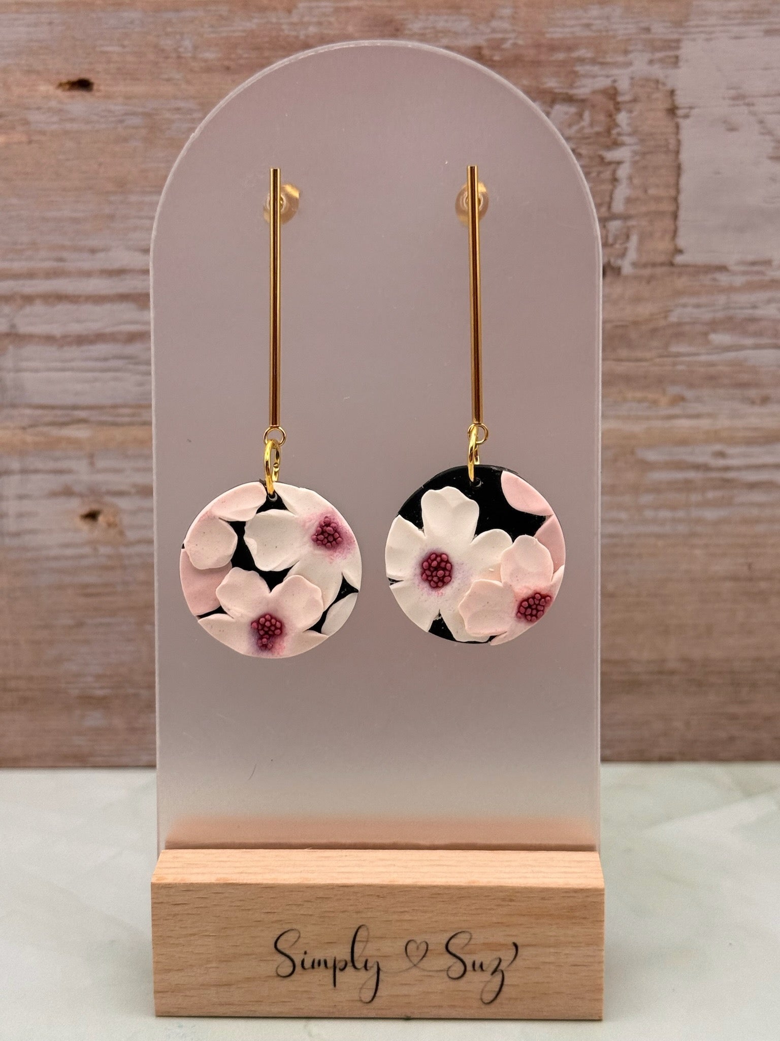 Cherry Blossom 3D Round Long Gold Bar Dangle Earrings