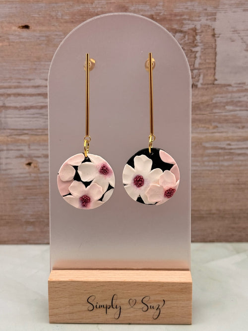 Cherry Blossom 3D Round Long Gold Bar Dangle Earrings