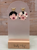 Cherry Blossom 3D Round Gold Bow Stud Dangle Earrings