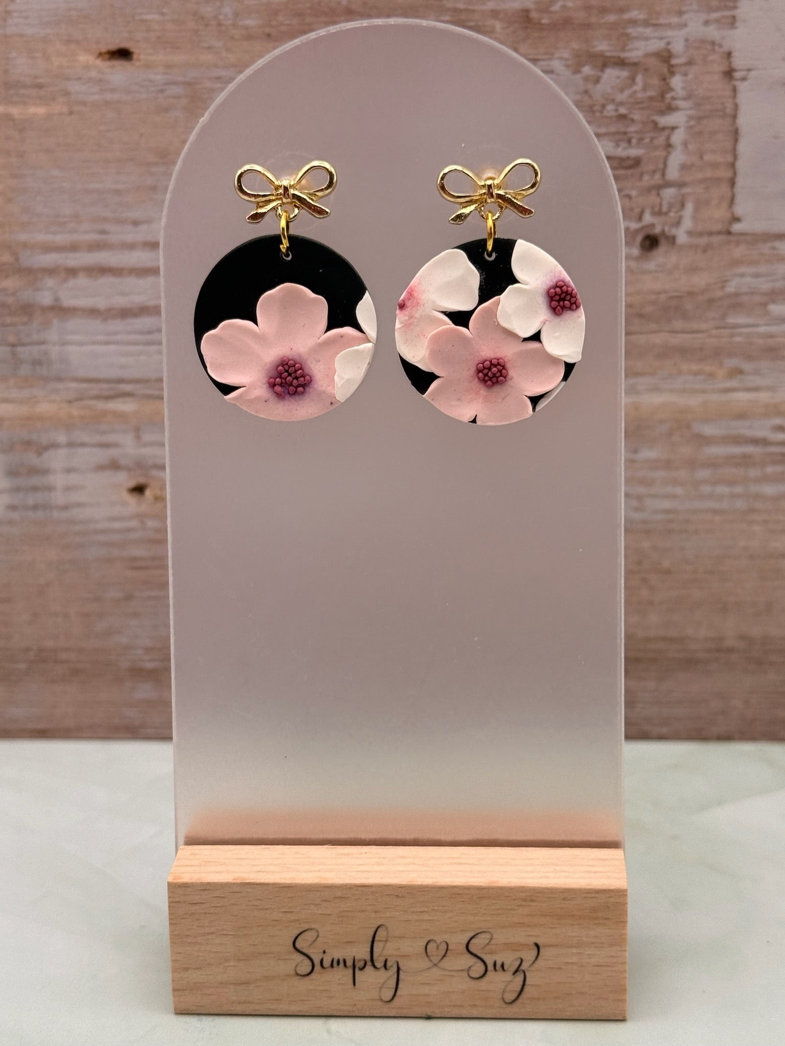 Cherry Blossom 3D Round Gold Bow Stud Dangle Earrings