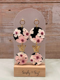 Cherry Blossom Butterfly Double Round Gold Tiered Dangle Earrings