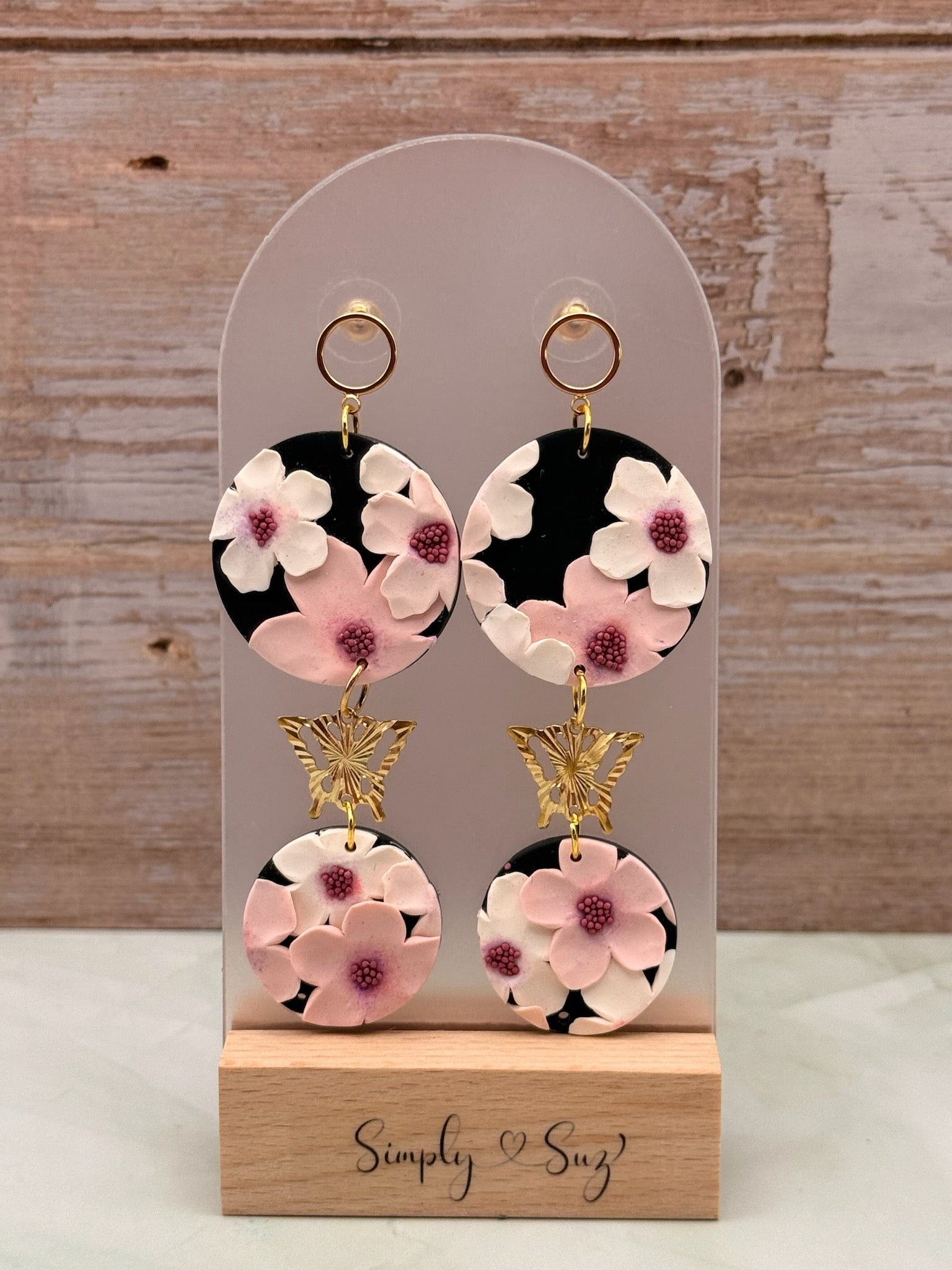 Cherry Blossom Butterfly Double Round Gold Tiered Dangle Earrings