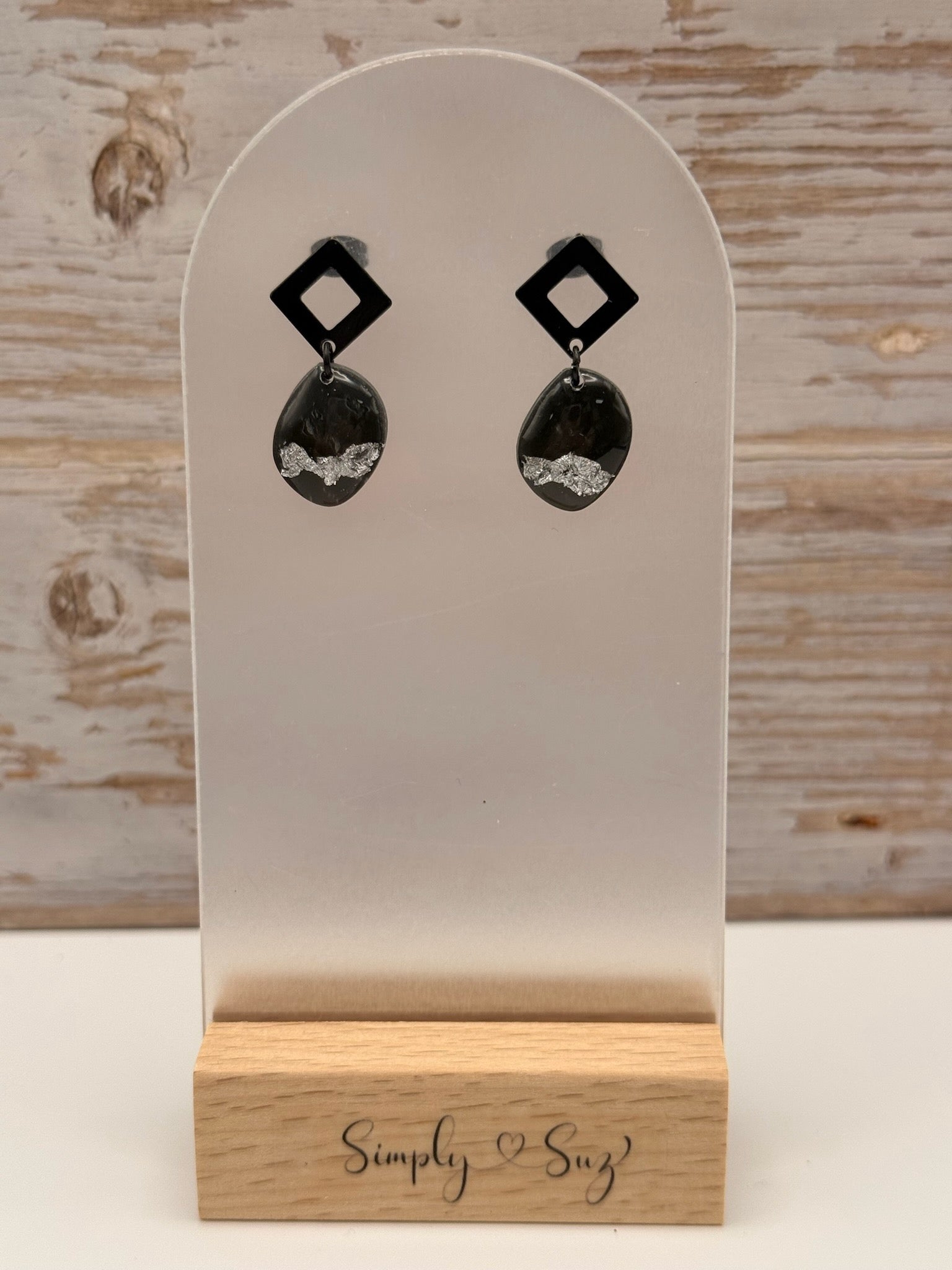 Black Oval Silver Foil Diamond Stud Dangle Earrings