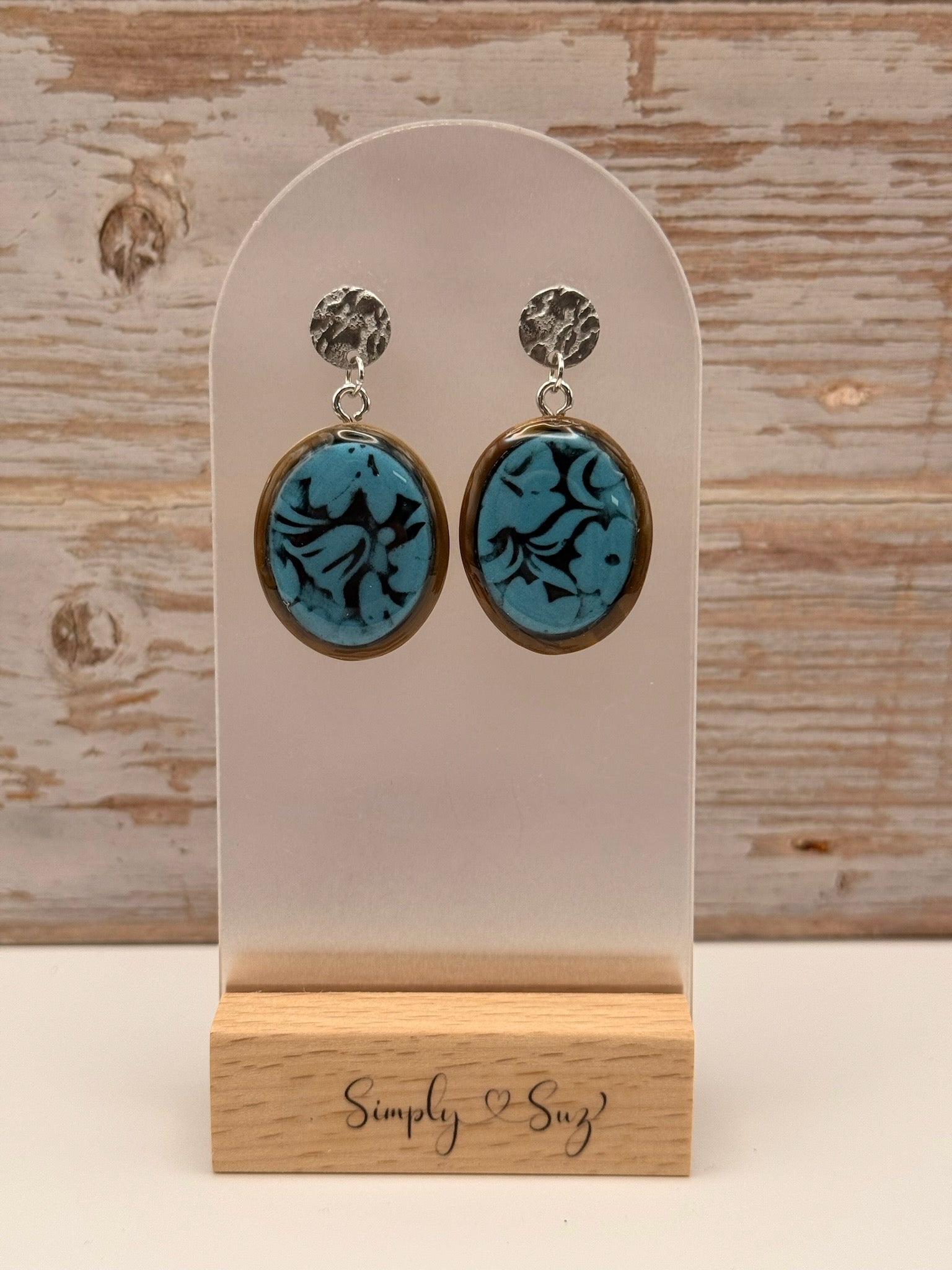 Teal Floral Damask Oval Silver Frame Dangle Earrings