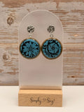 Teal Floral Damask Round Silver Frame Dangle Earrings