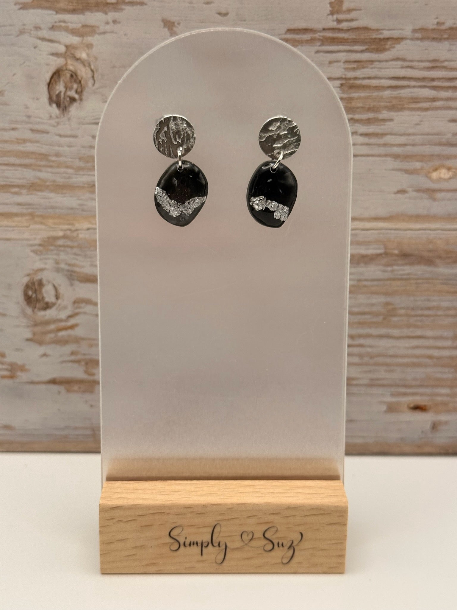 Black Oval Silver Foil Round Stud Dangle Earrings