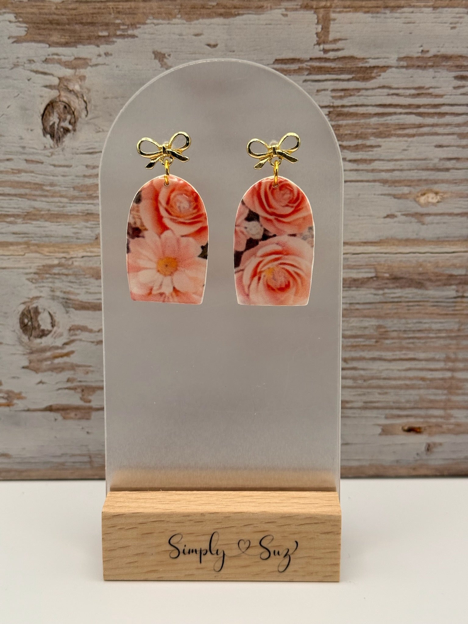 Pink Rose Bouquet Photo Print Arch Gold Bow Dangle Earrings