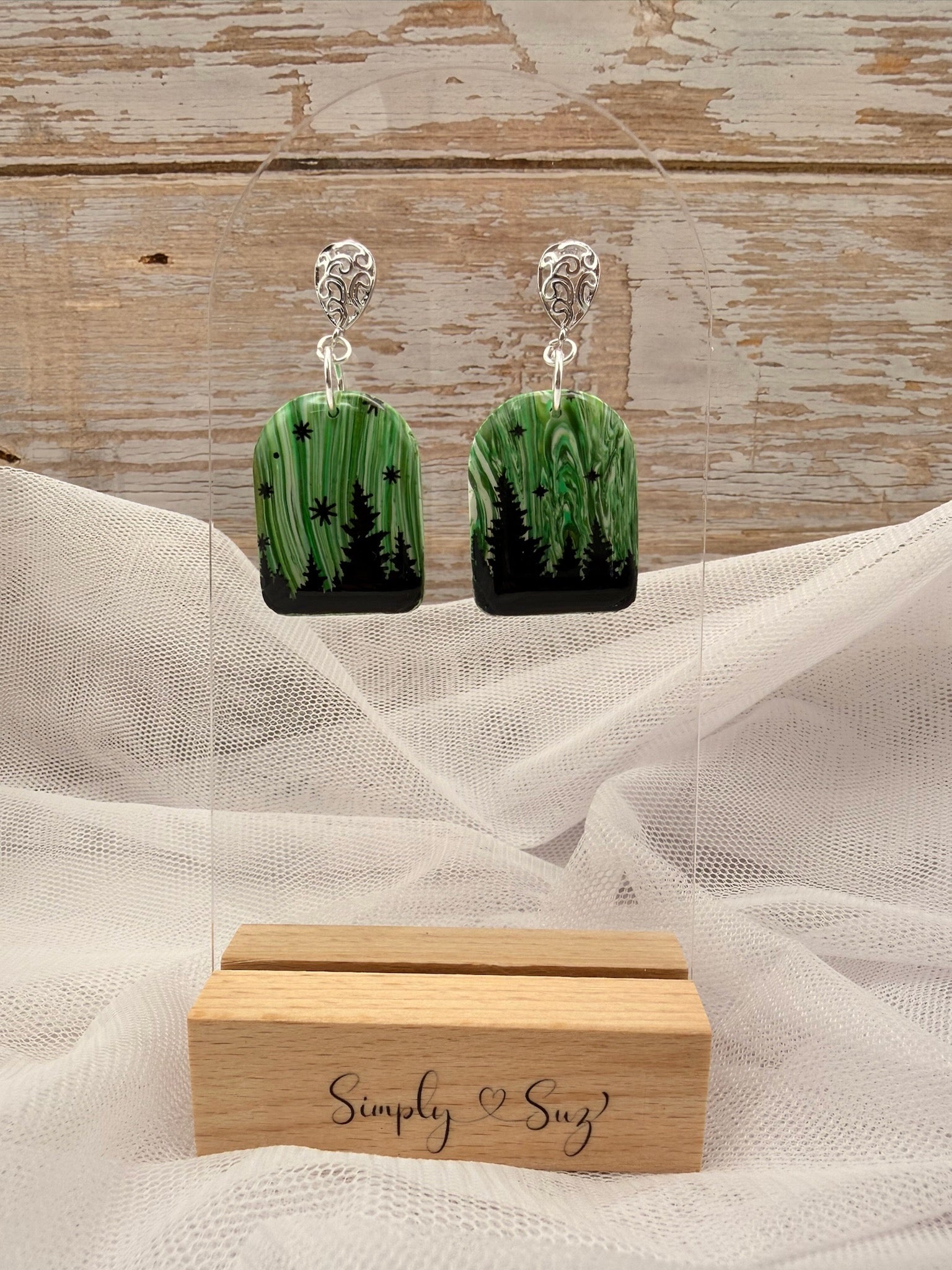 Northern Lights Forest Arch Silver Dangle Earrings