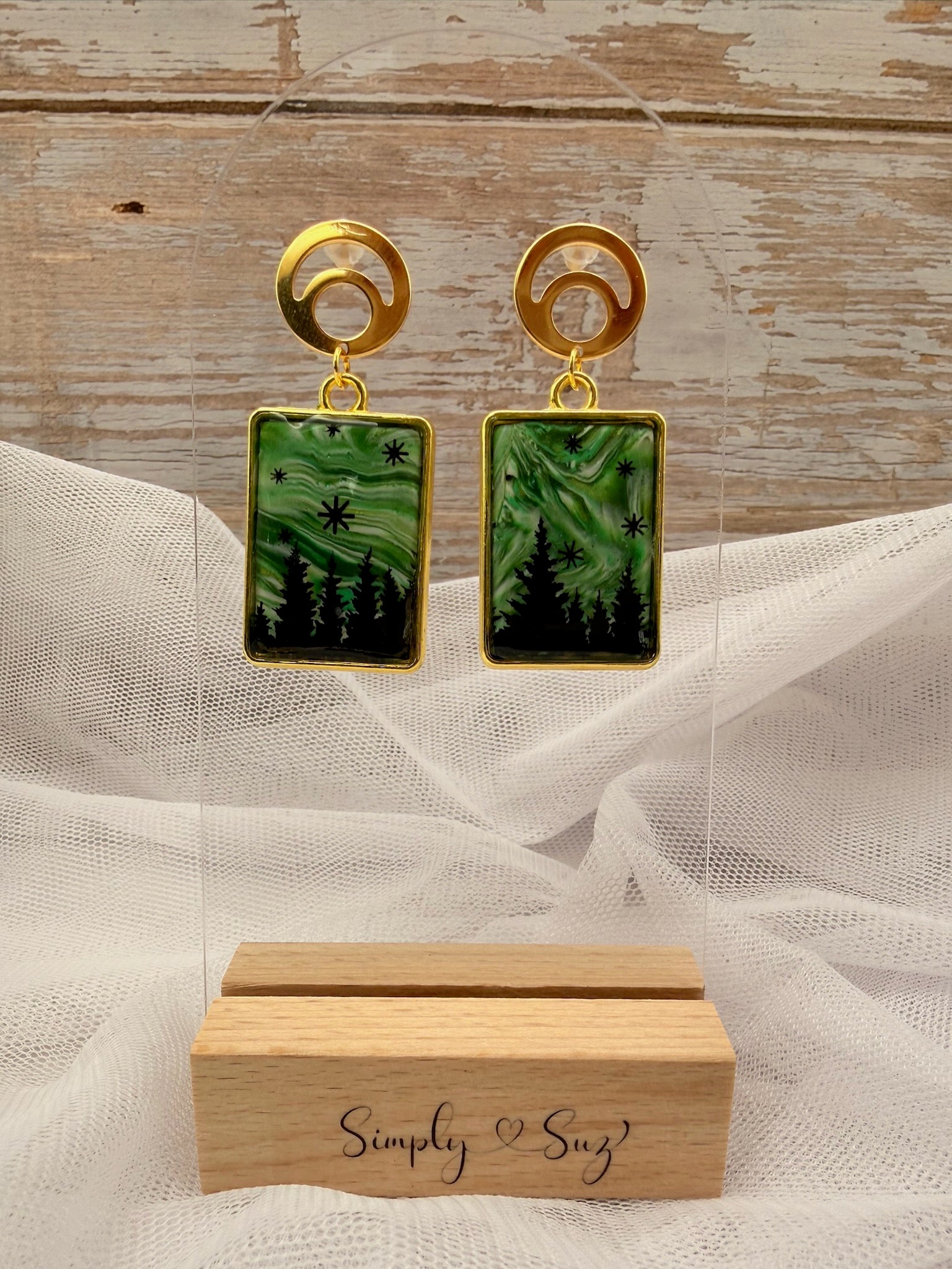 Northern Lights Forest Rectangle Gold Frame Dangle Earrings